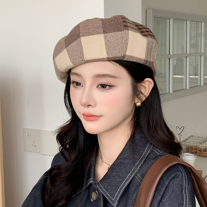 2025新款英伦复古格子贝雷帽女秋冬时尚百搭画家帽显脸小八角帽子|undefined