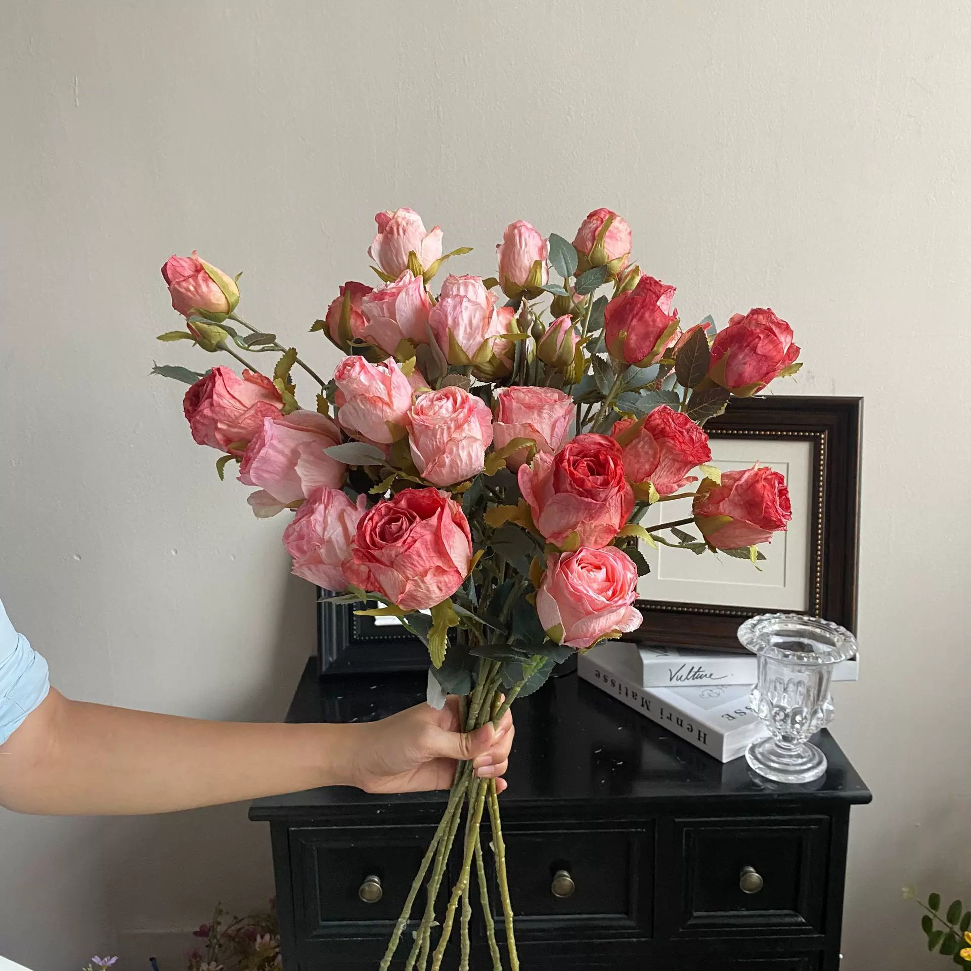 复古四头法式烤边玫瑰花仿真花束假花干花摆设客厅餐桌花艺装饰品