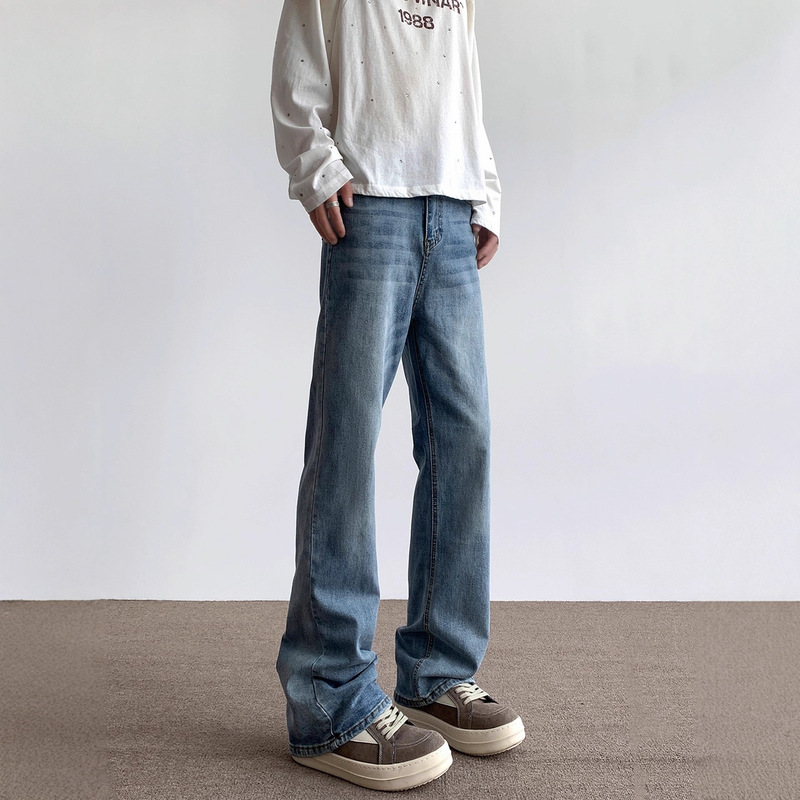 American High Street Vibe Light Blue Washed Distressed Jeans Men's Trendy Straight Leg Slimming Look Cleanfit Long Pants