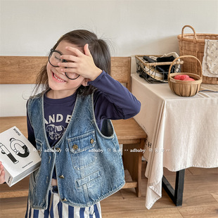 2025 Autumn Children's Clothing Children's Korean Spring and Autumn Clothing Denim Vest Girls Autumn Waistoutwear Small Jacket 5005