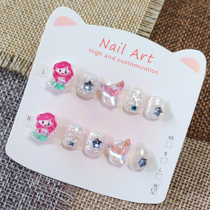 Cartoon Mermaid Princess Children's Handmade Wearable Nails for Kids, Translucent Nail Art Wholesale, Anti-Bite Nails for Girls