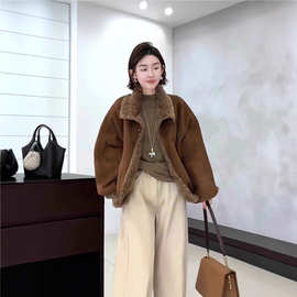 2025冬季新款极简时尚百搭上衣女立领仿麂皮绒皮毛一体保暖短外套