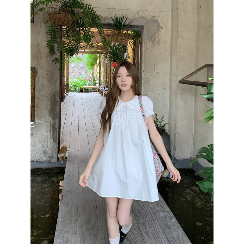 Korean Style Sweet and Spicy Girl Short-Sleeved Doll Collar Straight Dress Cotton Slimming Loose Puff Sleeve White Dress for Women Korean Style Sweet and Spicy Girl Short-Sleeved Doll Collar Straight Dress Cotton Slimming Loose Puff Sleeve White Dress for Women
