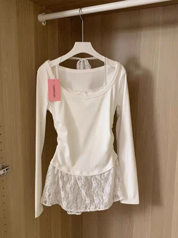 假两件设计感蕾丝拼接挂脖长袖t恤女秋冬内搭打底衫辣妹修身上衣|undefined