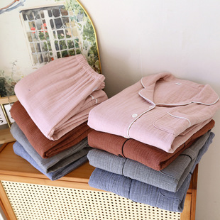Cotton Four-layer Gauze Couple Pajamas Men's and Women's Spring and Autumn Loose plus size Home Clothes Long-sleeved Trousers suit Japanese Style