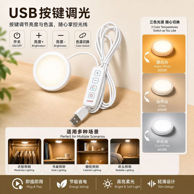 USB cabinet light 5V low-voltage round light with three color temperatures, touch dimming night light, LED cabinet light, display light, spotlight USB cabinet light 5V low-voltage round light with three color temperatures, touch dimming night light, LED cabinet light, display light, spotlight