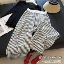 韩系蓝色泡泡格子速干阔腿裤女夏季轻薄防晒山本裤慵懒直筒休闲裤