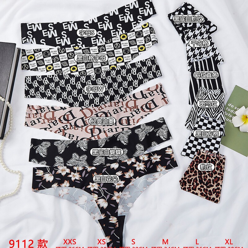 9112 European and American cross-border Amazon thong women's ice silk printed seamless low waist one-piece cotton underwear