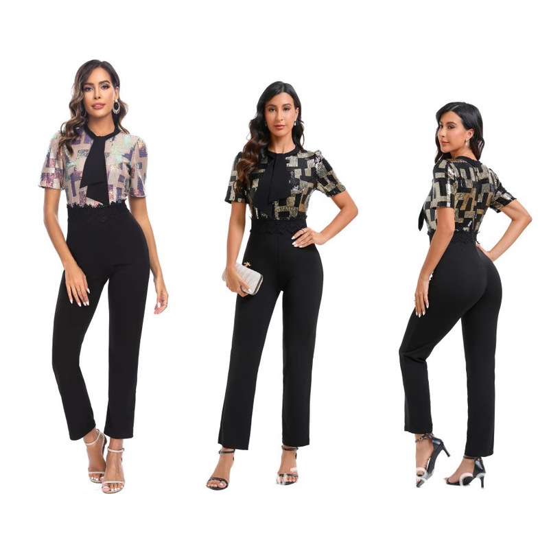 Long Autumn and Winter European and American Export Women's New See-Through Mesh Contrasting Geometric Splicing Sexy Slim Jumpsuits Long Autumn and Winter European and American Export Women's New See-Through Mesh Contrasting Geometric Splicing Sexy Slim Jumpsuits