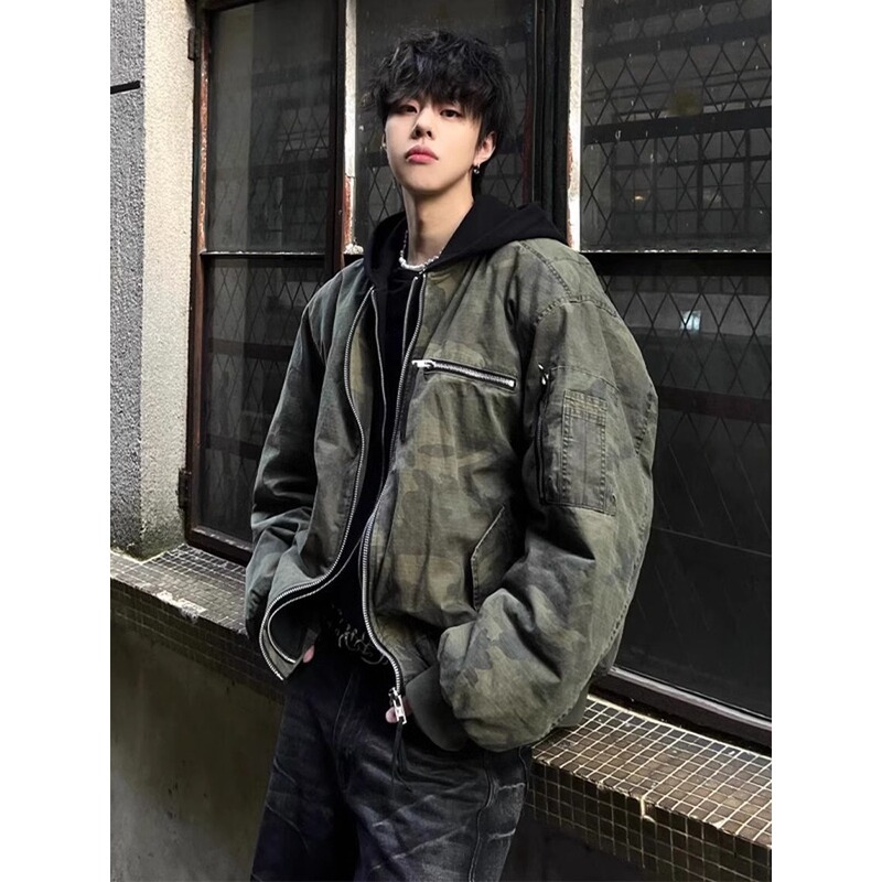 American Vibe Style Fake Two-Piece Camouflage Hooded Jacket for Men, Bomber Silhouette, High-End Flight Suit Jacket, Trendy