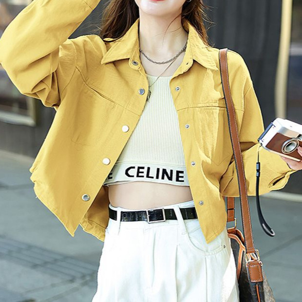 Early Autumn Candy-Colored Denim Shirt for Women, New Design for Petite Figures, Versatile Short Jacket