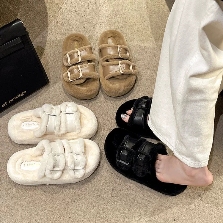 Белые пушистые тапочки на толстой подошве с пряжкой, женская обувь, новые теплые тапочки кибер-знаменитостей, плюшевые хлопковые тапочки