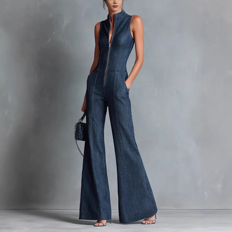 European and American Cross-Border 2026 New Women's Fashion Retro Dark Blue Sleeveless Front Zipper Slim Fit High-Neck Denim Jumpsuit