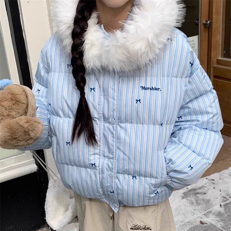 外贸美式设计感条纹蝴蝶结毛领连帽棉服外套加厚保暖小个子棉衣女|undefined