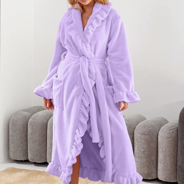 欧美亚马逊跨境女士长款保暖睡袍家居服秋冬款珊瑚绒加厚浴袍|undefined