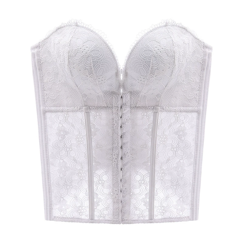 Strapless Bridal Corset Bra, Lace Waist Cincher, Front-Back Hook, Sizes 70AB–85C