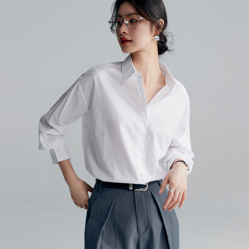 口碑推荐筋骨有型60支纯棉府绸宽松白衬衫女式衬衫上衣女|undefined
