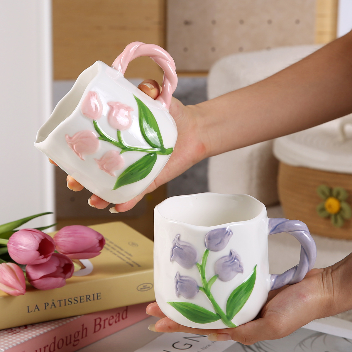 Tazas de Tulipán de cerámica creativa casera tazas de desayuno para parejas tazas de café para mujeres nuevas 2025 alto valor facial