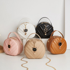 Women's Handbag 2023 Trendy Style Casual V-embossed Pattern Cat Pendant Crossbody Small Round Bag Foreign Trade Shoulder Bag