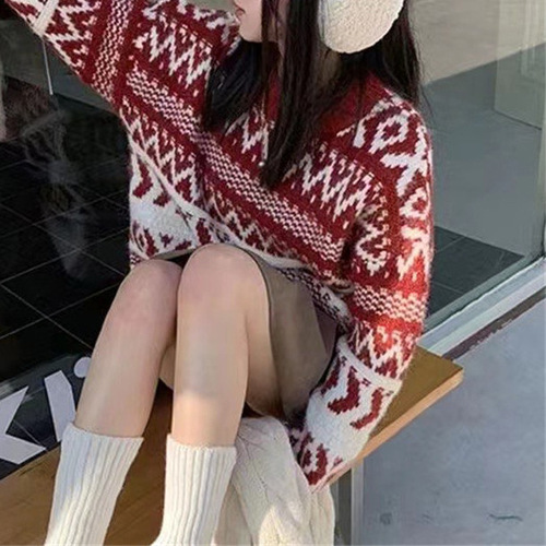 Autumn/Winter Red Christmas Chic Petite Women's Retro Loose Outerwear Lazy Style Knit Top