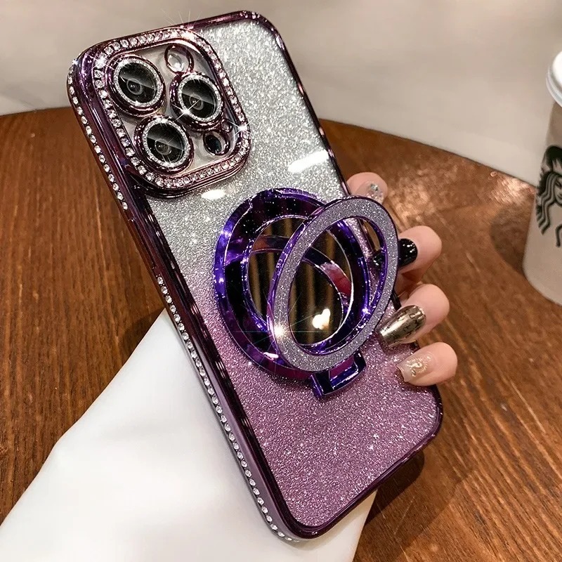 适用苹果17ProMax手机壳补妆镜iPhone16磁吸支架14闪粉边钻电镀15|undefined
