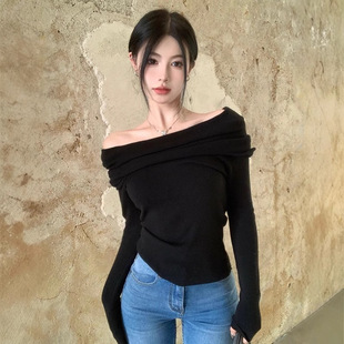 Lazy Style off-Shoulder Clavicle Knitted Sweater Spring Gentle Style Slim-Fit Slimming Thin Long-Sleeved Base-Layer Shirt Top