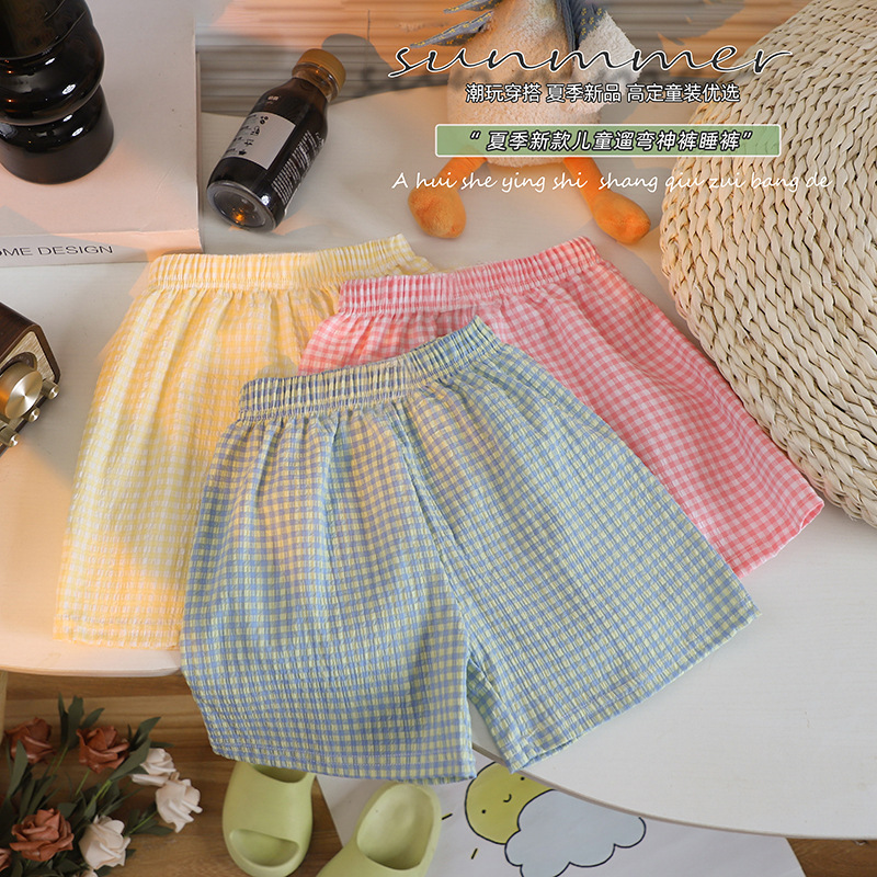 儿童夏季短裤糖果色系格子阔腿休闲裤新款男女童松紧腰宽松家居裤