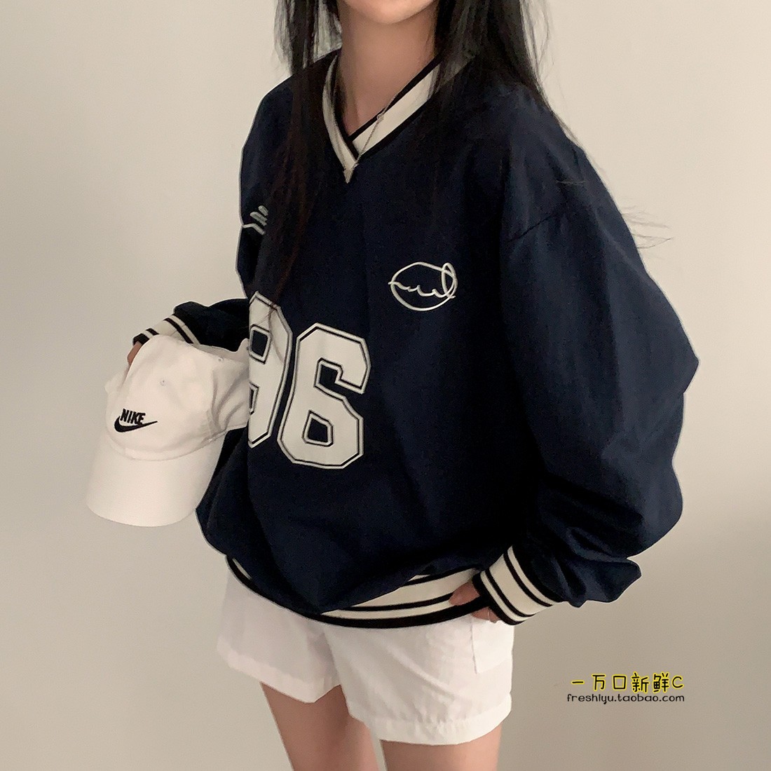 Baseball Girl Style Teenage Girl Sense Navy Blue V-neck Color-block Printed Sweat Casual Loose Thin Long Sleeve