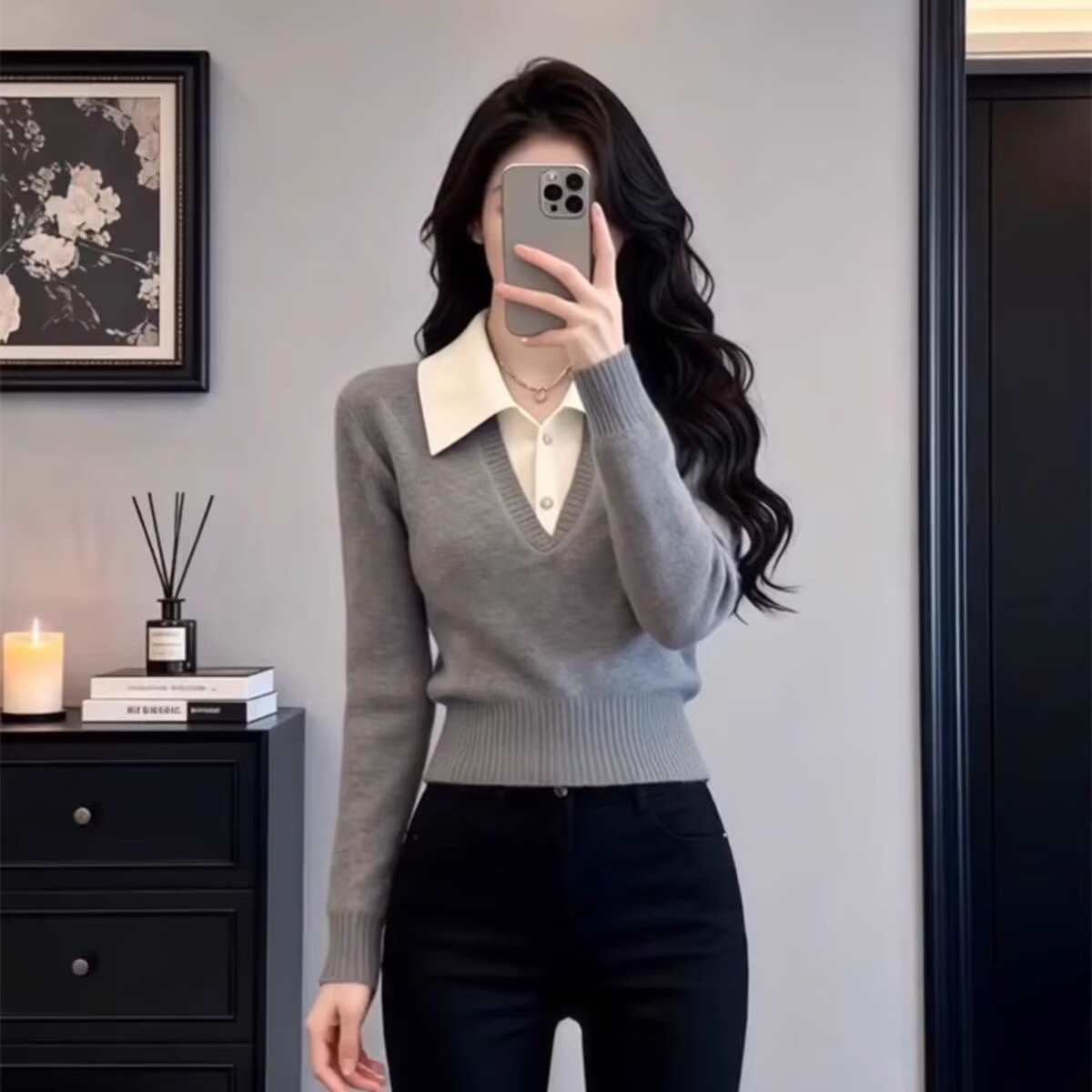 Áo len nữ cổ lật tay dài phong cách khí chất — màu xám đậm chi tiết 5