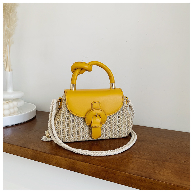 Medium Size Women's Medium Straw Color Block Vacation Beach Weave Square Lock Clasp Straw Bag