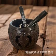 黑檀木实木整料镂空雕刻新中式鼓凳笔筒两用底座文玩奇石摆件托架