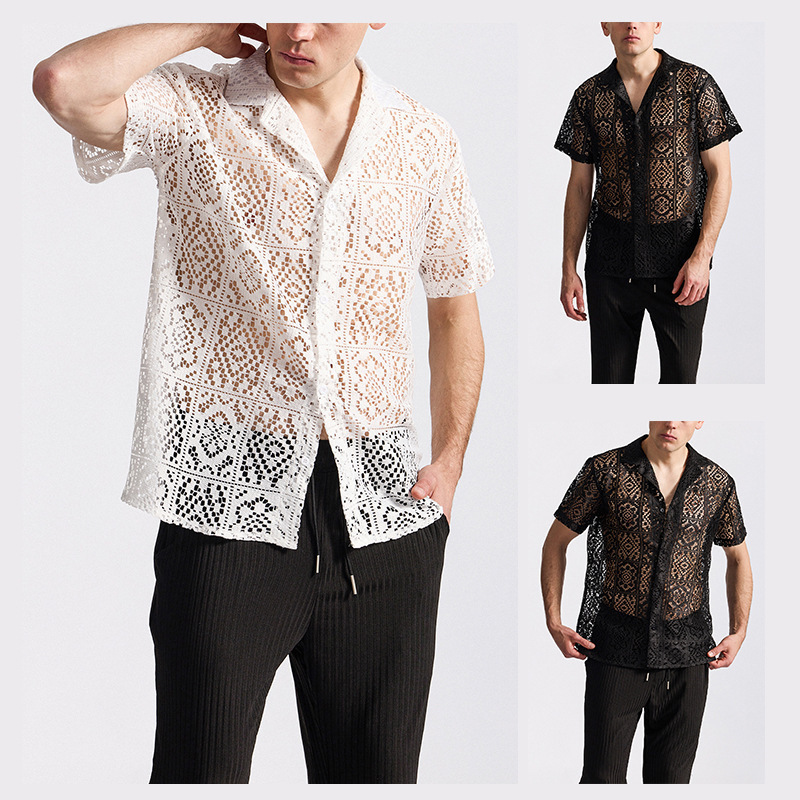 Foreign Trade 2025 Summer New European Size Shirt Men's Fashion Cut Out Lace Stage Disco Short-Sleeved Shirt Men Foreign Trade 2025 Summer New European Size Shirt Men's Fashion Cut Out Lace Stage Disco Short-Sleeved Shirt Men