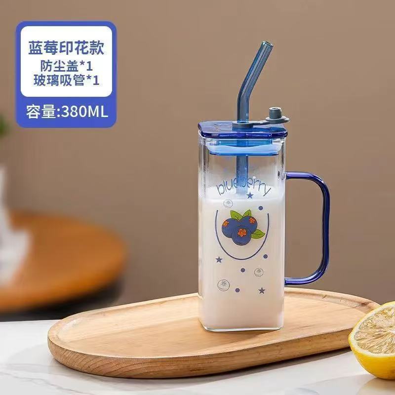 グラスins風ストローコップ高颜値ハンドル付きダイヤルカップ蓋スプーン少女心果物プリントカップ|undefined