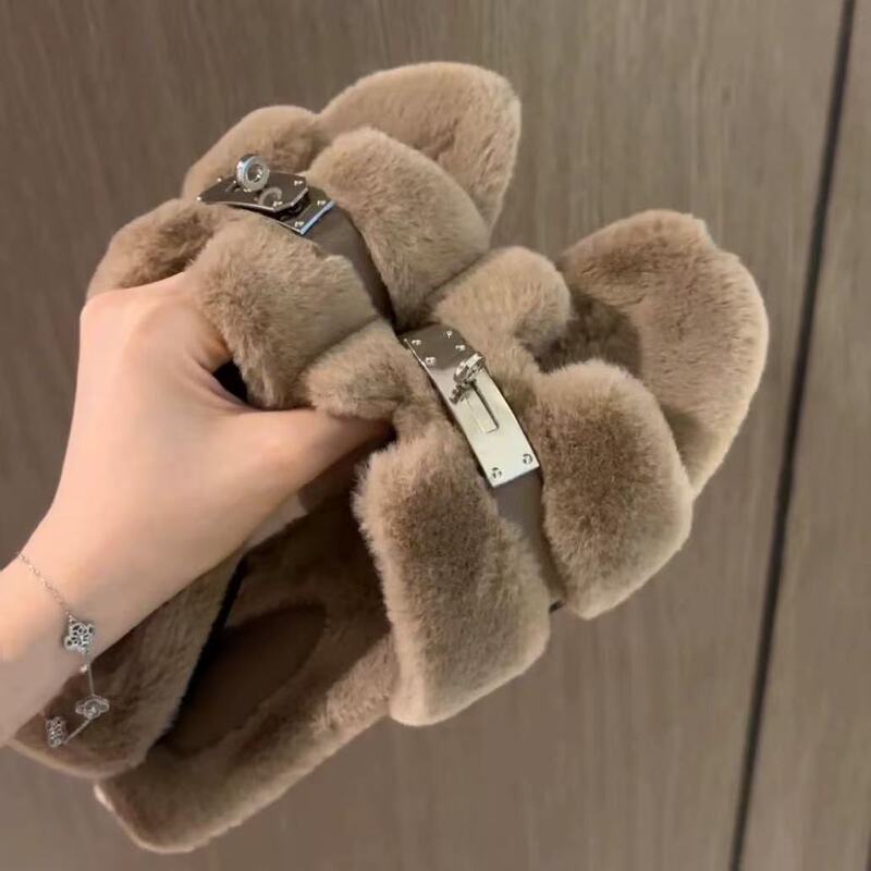 2026 Autumn and Winter New Square-Toe Teddy Fur Flat Wool Slippers, Versatile Casual Outdoor Wear Slippers