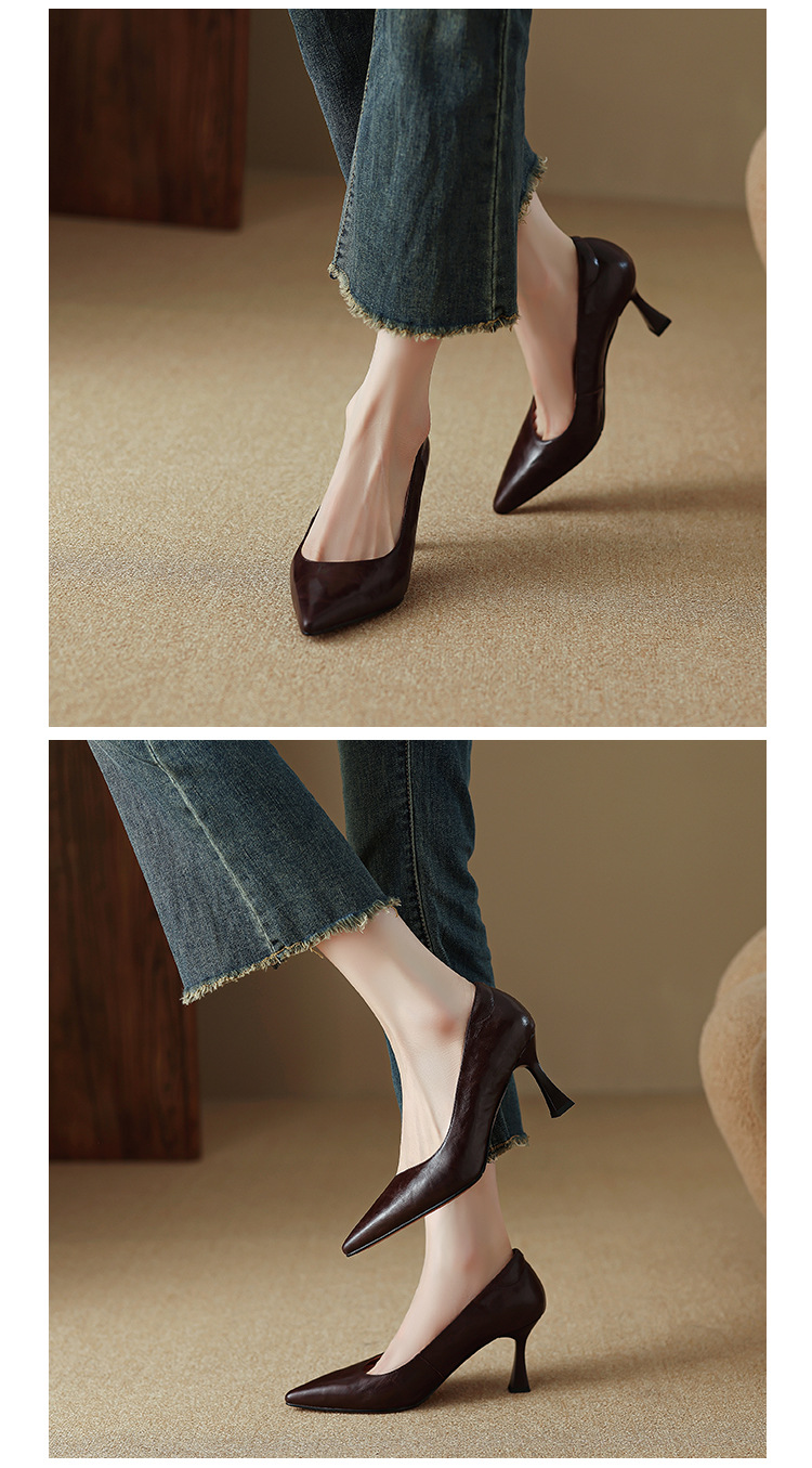 Giày cao gót mũi nhọn kiểu Pháp size 33-41, giày nữ xuân thu mới, giày cao gót đơn giản đi làm — Màu nâu chi tiết 10