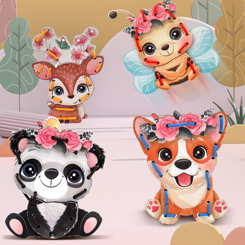 Wooden Kidsren's Fun Cartoon Fine Motor Training Rope Game Kindergarten Hands-On Teaching Educational Toys