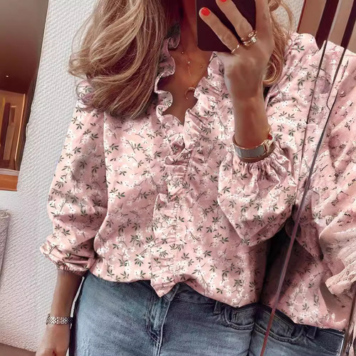 Amazon Wish AliExpress eBay spring/summer European and American style long-sleeved ruffled shirt women's elegant blouse