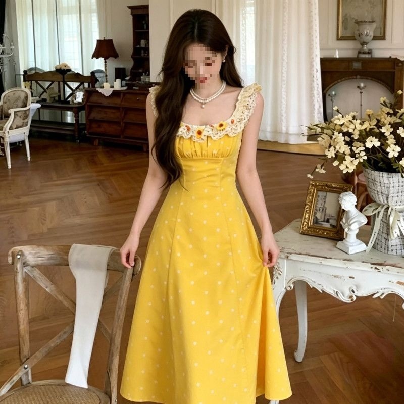 Đầm maxi nữ thắt eo ren hoa nổi 3D vàng nhạt mùa hè 2026 — Hoa màu vàng nhạt không có trong chi tiết 6