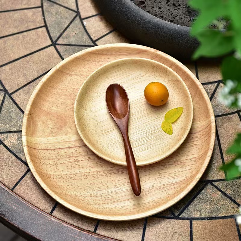 Madera de caucho japonesa pequeña y exquisita, bandeja de nueces redonda simple, bandeja de bocadillos de frutas secas para el hogar, almacenamiento en la sala de estar