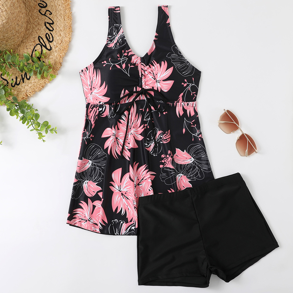 2023 New Split Bikini Digital Printed Flat Corner Pants Drawstring Gathering Swimwear for Women_voghion.com