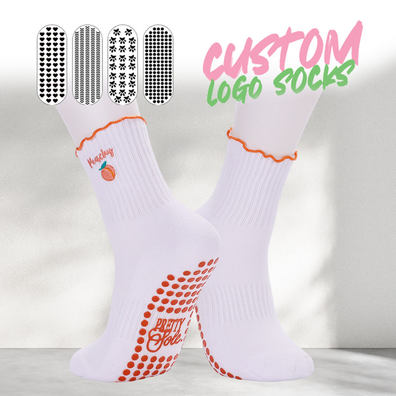 Customized Yoga Socks for Women, Sweet Lace Embroidery Mid-Calf Cotton Socks with Anti-Slip Grip for Pilates Indoor Floor Use Customized Yoga Socks for Women, Sweet Lace Embroidery Mid-Calf Cotton Socks with Anti-Slip Grip for Pilates Indoor Floor Use