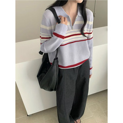 简约韩系半拉链套头翻领条纹长袖针织毛衣女软糯百搭秋冬套头上衣