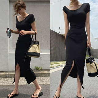 现货韩国东大门女装2025夏装新款修身显瘦侧开叉短袖连衣裙长裙潮