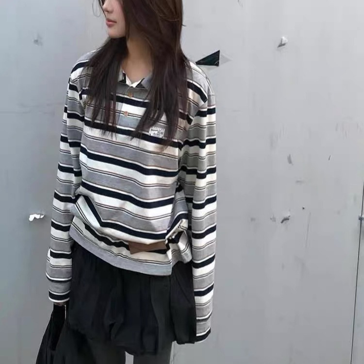 韩国aeae长袖T恤条纹翻领polo宽松休闲百搭学院风T恤男女情侣春秋|undefined