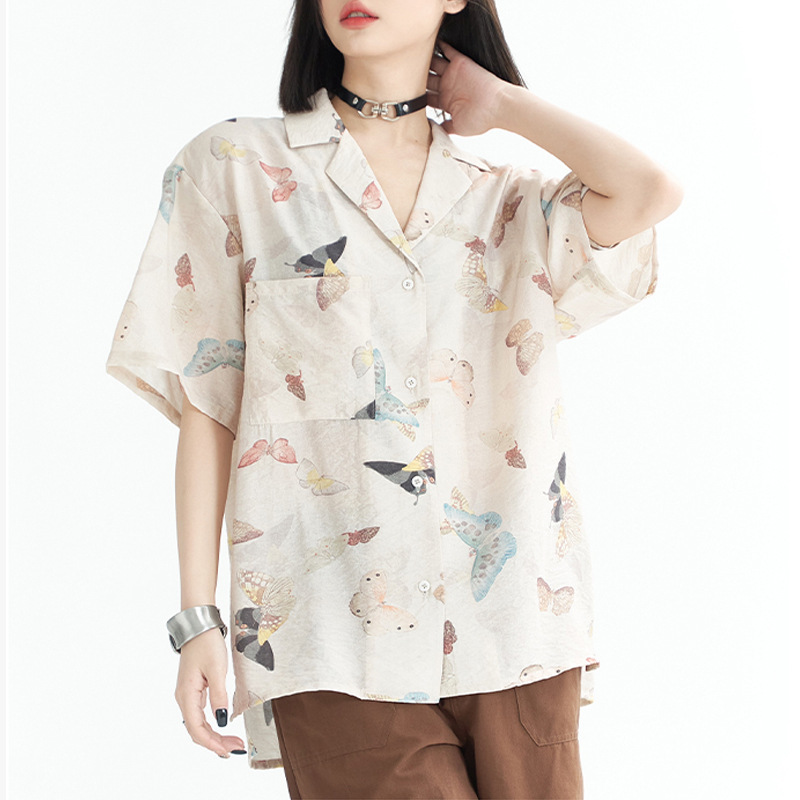 万有引力博物馆 复古满印短袖衬衫女夏季2025年新款衬衣宽松上衣|undefined