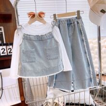 2424Q女童2024秋冬季新款童装可爱女宝牛仔吊带长裤打底衫三件套