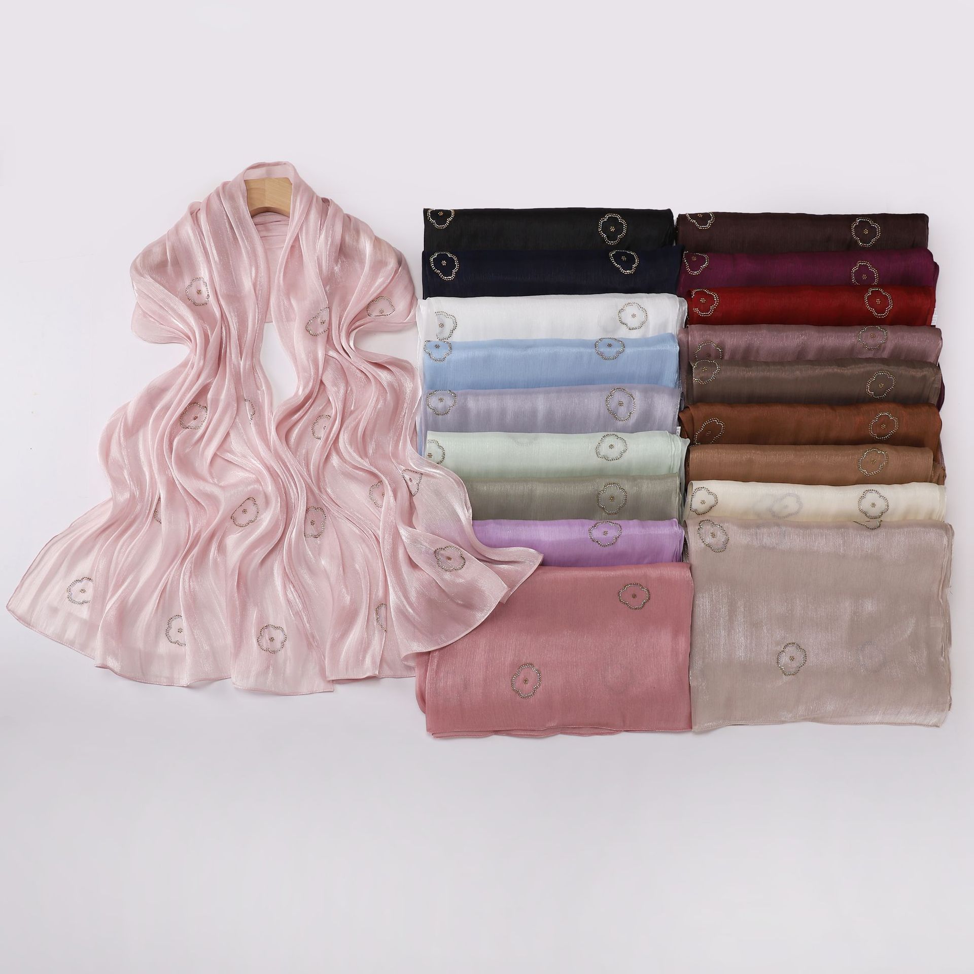 Cross-border live-streaming new arrival: island silk cloud-patterned long scarf with rhinestone embellishments, shimmering satin, ethnic minority-style shawl, Malay headscarf