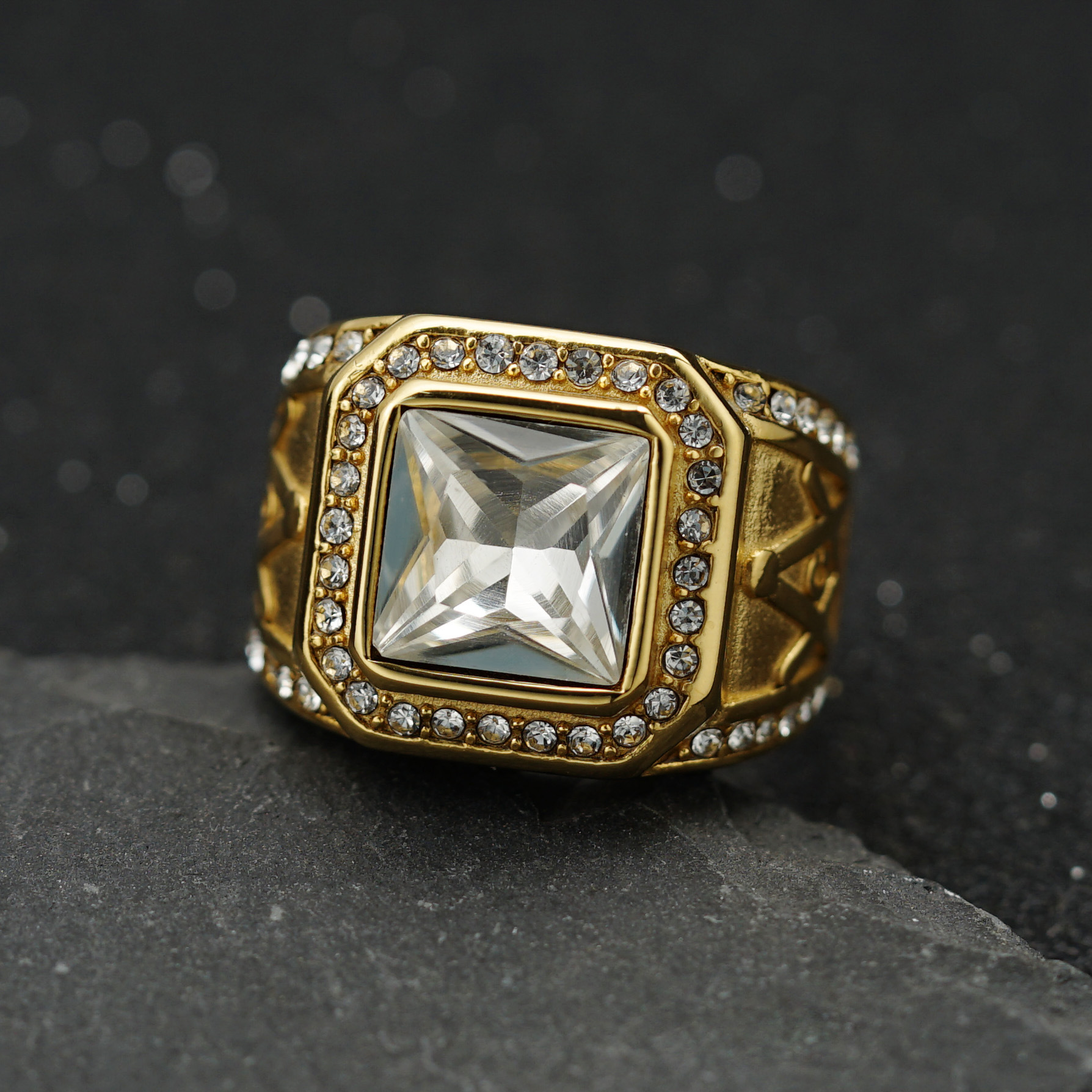 Square Pattern Men'S Gender Casual Hip-hop Retro Square Stainless Steel Plating Inlay Artificial Gemstones Rings