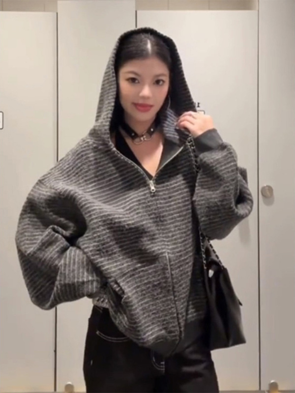 黑色条纹卫衣外套女2025新款韩系早秋穿搭美式复古慵懒风毛衣外套|undefined