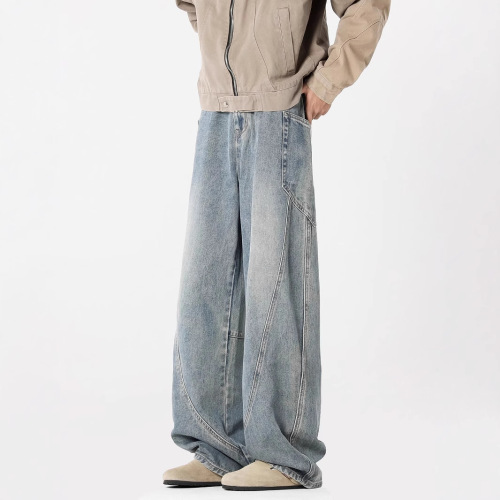 American Washed Bended Knife Workwear Jeans for Men Spring and Autumn Season Streetwear Brand Splicing Loose Wide Leg Pants High Street Straight Leg Casual